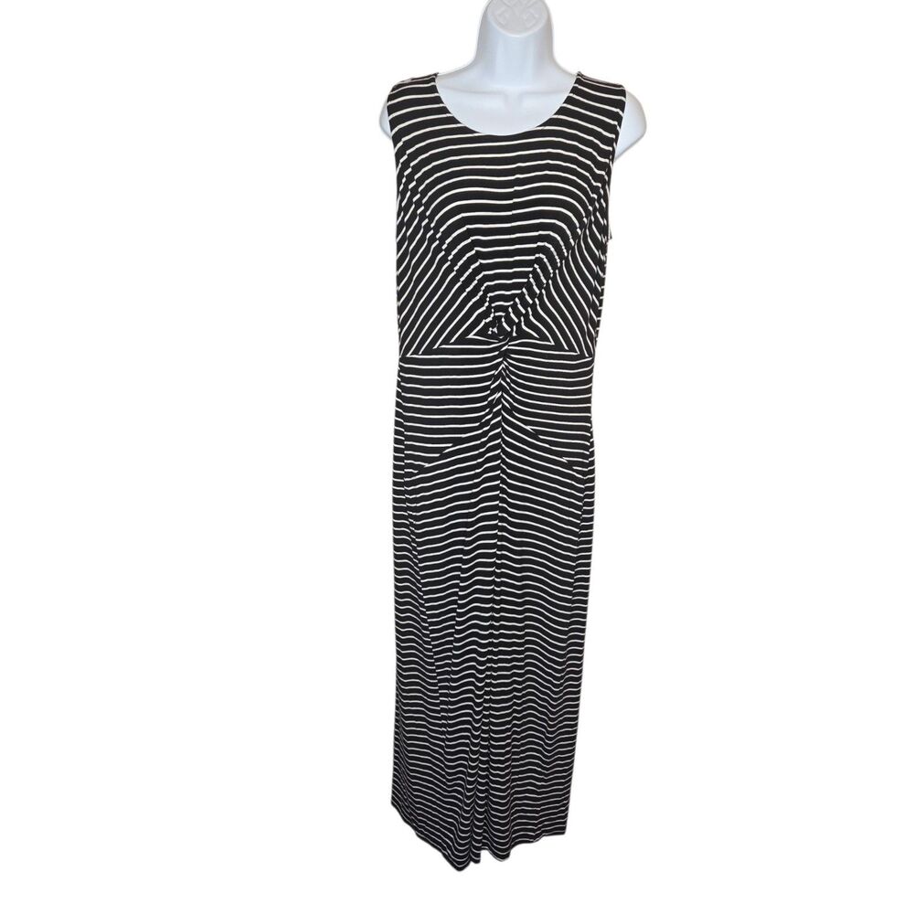 EUC T Tahari Striped Front Twist Sleeveless Maxi Dress Medium Black White Knit